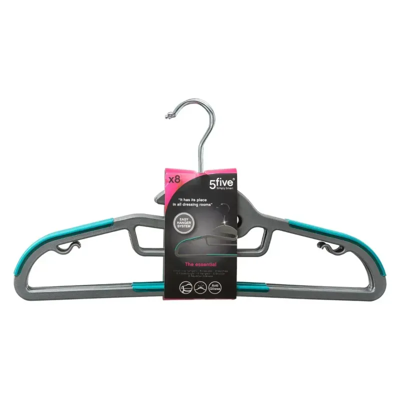 Juego de perchas 8 piezas plásticas Bimat 5five Simply Smart, primer plano de una percha gris con bordes turquesa y etiqueta