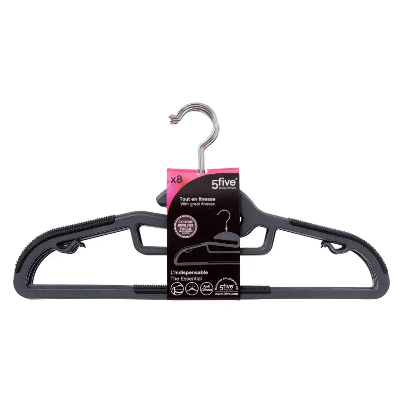 Juego de perchas 8 piezas plásticas Bimat 5five Simply Smart, vista frontal del producto en su empaque con caja negra