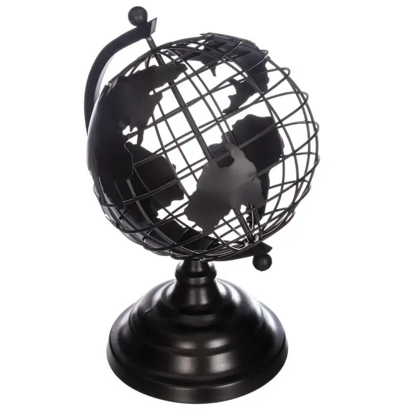 Figura decorativa globo terráqueo metálico 28 cm Atmosphera, vista lateral del globo negro sobre base circular