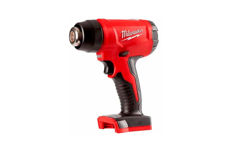 Pistola de calor inalámbrica M18 sin batería Milwaukee, vista lateral del equipo en color rojo y negro