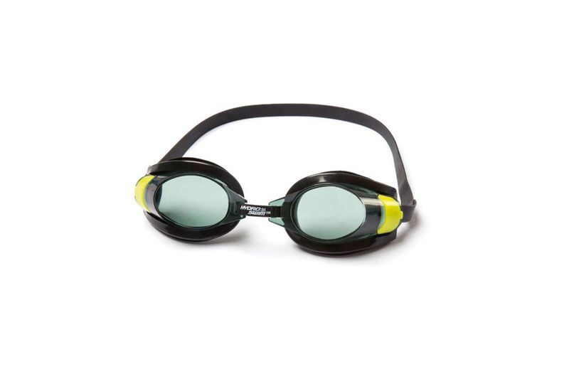 Lentes de natación Aqua Burst Essential 7+ años Bestway, vista frontal con cristales claros y detalles en amarillo