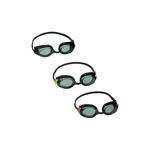 Lentes de natación Aqua Burst Essential 7+ años Bestway, tres pares en colores negro, amarillo y naranja sobre fondo blanco