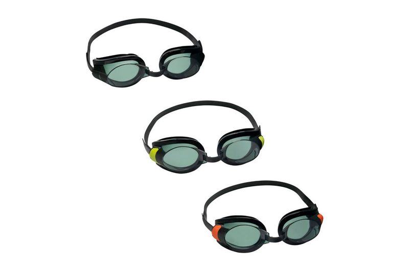 Lentes de natación Aqua Burst Essential 7+ años Bestway, tres pares en colores negro, amarillo y naranja sobre fondo blanco