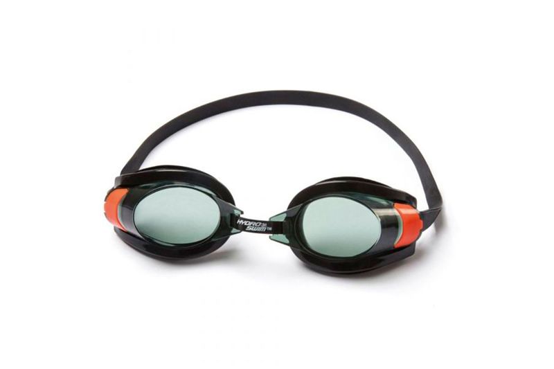 Lentes de natación Aqua Burst Essential 7+ años Bestway, vista frontal con cristales verdes y detalles naranjas