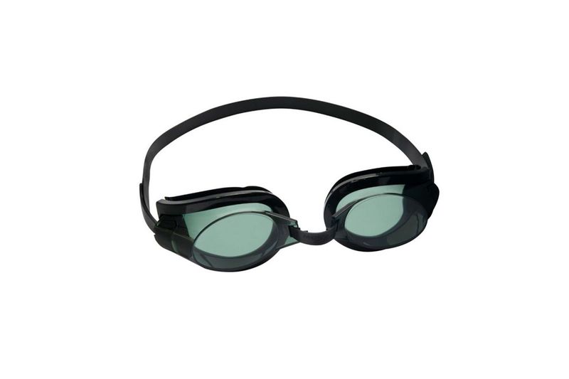 Lentes de natación Aqua Burst Essential 7+ años Bestway, vista frontal con cristales en tono verde y correa negra