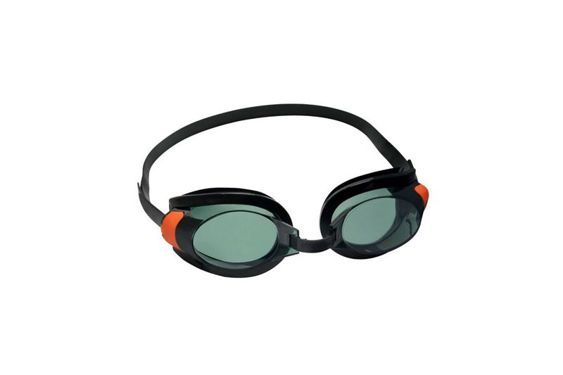 Lentes de natación Aqua Burst Essential 7+ años Bestway, vista frontal con cristales verdes y detalles laterales naranjas