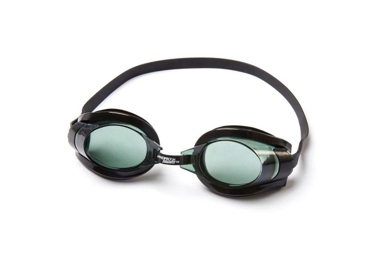 Lentes de natación Aqua Burst Essential 7+ años Bestway, vista frontal de los lentes con cristales verdes y correa negra