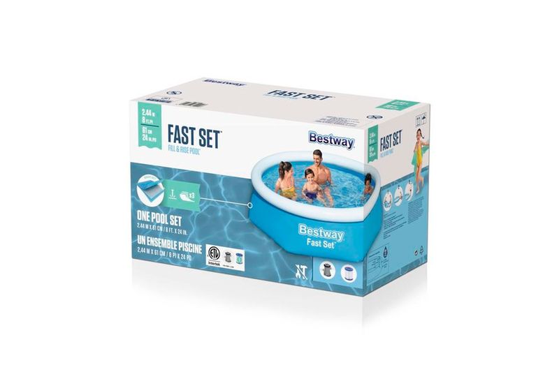 Set de piscina Fast Set 2.44 m x 0.61 m Bestway, empaque en caja con ilustración de la piscina inflable y familia
