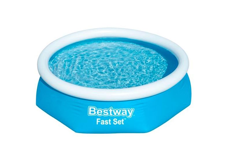 Set de piscina Fast Set 2.44 m x 0.61 m Bestway, vista superior del inflable azul lleno de agua con borde blanco