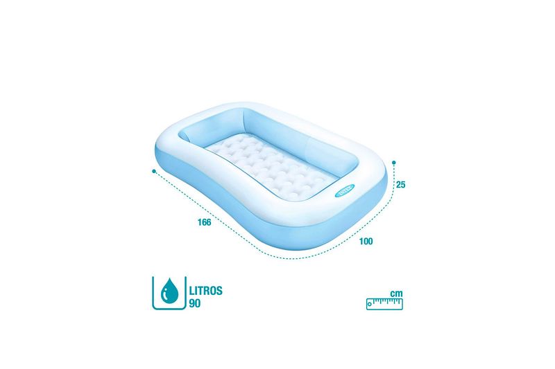 Piscina inflable rectangular para bebé 65.35x9.37x9.84 pulgadas Intex, gráfico con medidas en centímetros y capacidad