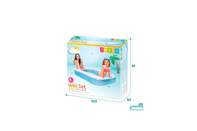 Piscina inflable rectangular para bebé 65.35 x 9.37 x 9.84 pulgadas Intex, caja con dimensiones en centímetros y fotografía