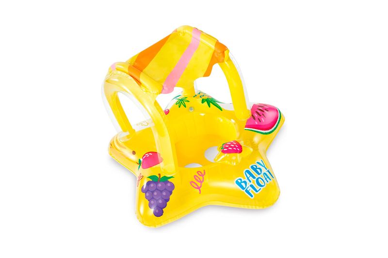 Flotador inflable para bebé estrella de mar con sombrilla Intex, vista desde arriba del inflable amarillo con frutas