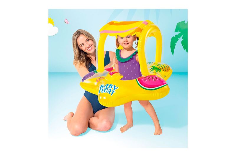 Flotador inflable para bebé estrella de mar con sombrilla Intex, niña pequeña sentada dentro junto a una mujer adulta