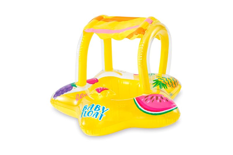 Flotador inflable para bebé estrella de mar con sombrilla Intex, color amarillo con diseños de frutas y letras azules