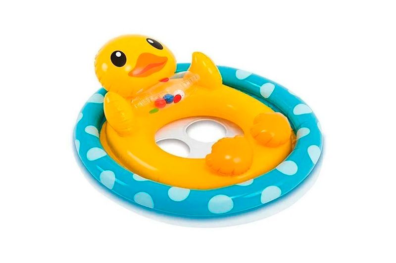 Flotador andadera de bebé 3-4 años Intex, diseño de pato amarillo con aro exterior azul con puntos blancos