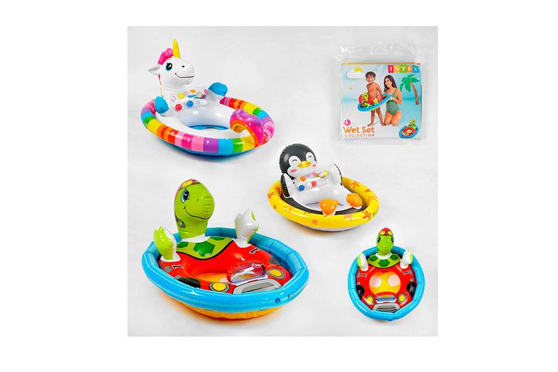 Flotador andadera de bebé 3-4 años 3 diseños Intex, tres modelos de unicornio, pingüino y tortuga junto a su empaque
