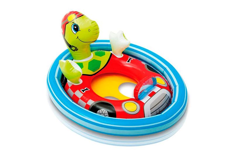 Flotador andadera de bebé de 3-4 años Intex, modelo de tortuga conductora en carro rojo y anillo azul
