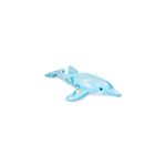 Flotador delfín para montar 1.76 m x 66 cm Intex, vista lateral del inflable azul con detalles de olas y flores