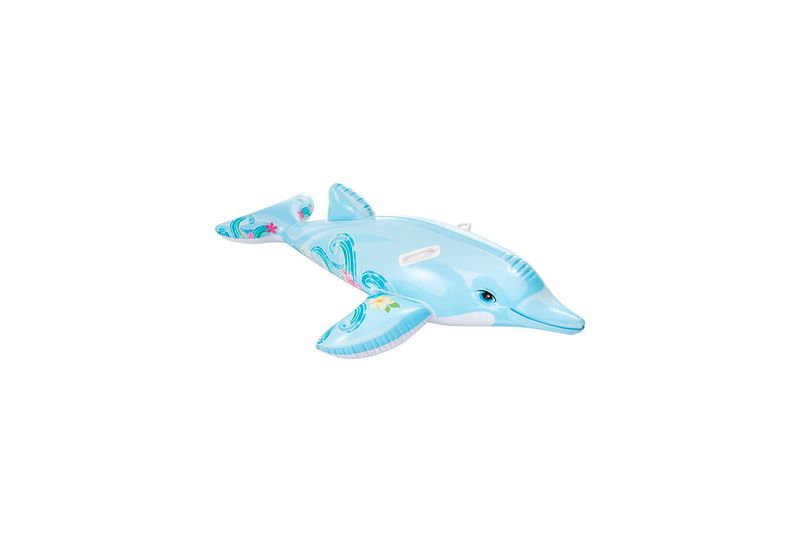 Flotador delfín para montar 1.76 m x 66 cm Intex, vista lateral del inflable azul con detalles de olas y flores