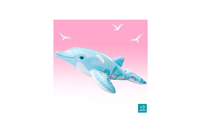 Flotador delfín para montar 1.76 m x 66 cm Intex, vista lateral sobre fondo rosa con aves blancas y detalle de edad +3 años