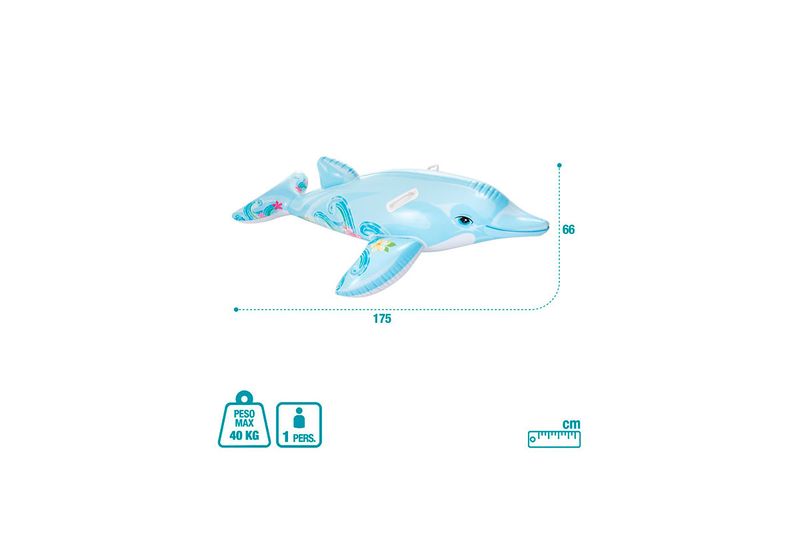 Flotador delfín para montar 1.76 m x 66 cm Intex, gráfico con medidas de longitud y ancho más peso máximo de 40 kg