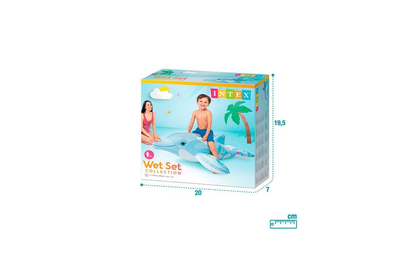 Flotador delfín para montar 1.76 m x 66 cm Intex, caja del producto con medidas de empaque en centímetros