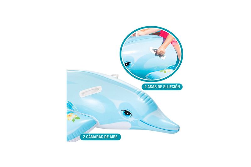 Flotador delfín para montar 1.76 m x 66 cm Intex, detalle de las asas de sujeción y cámaras de aire sobre fondo blanco