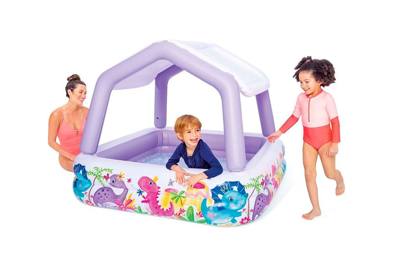 Piscina inflable con toldo desmontable 157x157x122 cm Intex, vista con niños jugando y dibujos de dinosaurios coloridos