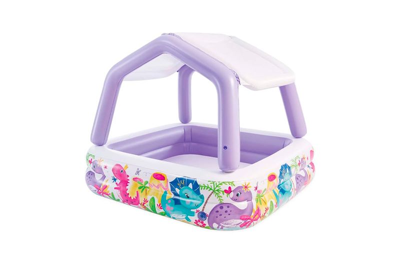 Piscina inflable con toldo desmontable 157x157x122 cm Intex, vista frontal con toldo desplegado y dibujos de dinosaurios