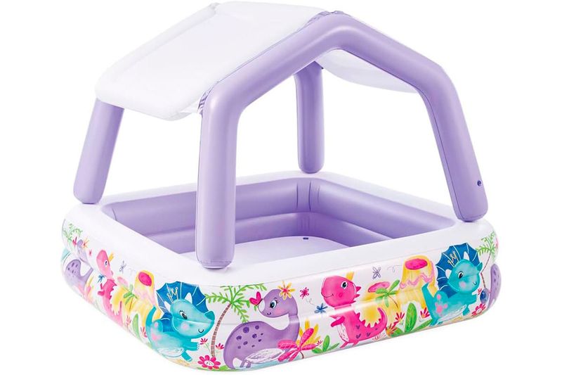 Piscina inflable con toldo desmontable 157x157x122 cm Intex, color morado con estampados de dinosaurios y palmeras