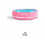 Set de piscina redonda con marco 8 pies x 30 pulgadas rosada Intex, vista frontal llena de agua con bomba de filtrado