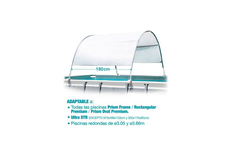 Toldo para piscina UV 50 Intex, gráfico con medida de 180 cm y lista de modelos de piscinas compatibles