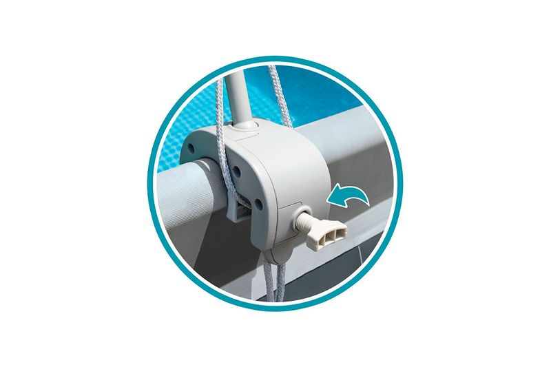 Toldo para piscina UV 50 Intex, acercamiento al sistema de anclaje gris con tornillo de plástico y cuerda blanca