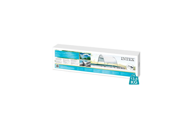 Toldo para piscina UV 50 Intex, caja de empaque blanca con imágenes del producto instalado y peso de 13.6 kg