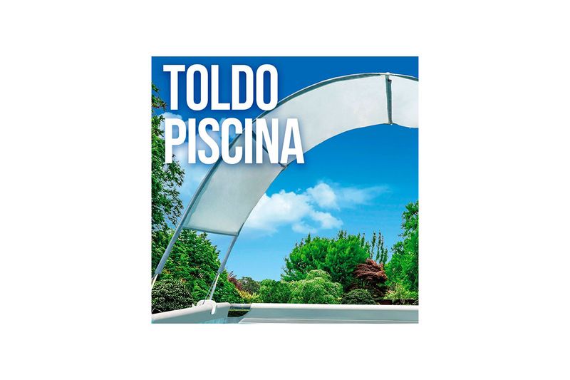 Toldo para piscina UV 50 Intex, gráfico con texto sobre tela blanca instalada en exterior con cielo azul y árboles