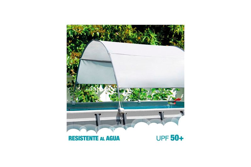 Toldo para piscina UV 50 Intex, instalado sobre piscina con texto resistente al agua y UPF 50+