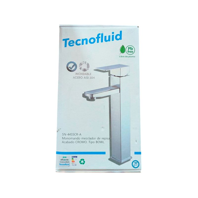 Llave lavamano monomando palanca alta Quad cromo Sinsa, vista frontal del empaque blanco con ilustración del producto