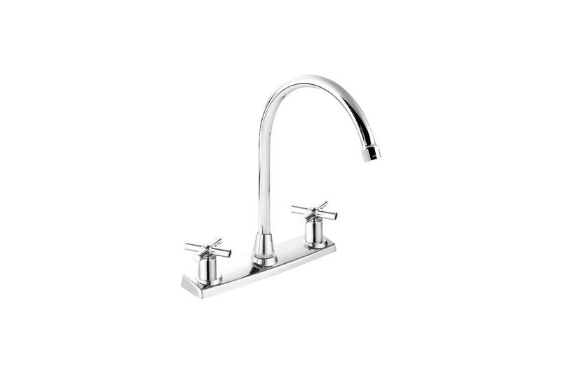 Llave pantry 8 pulgadas doble cruz cromo Sinsa, vista lateral completa con cuello de cisne y manijas en cruz
