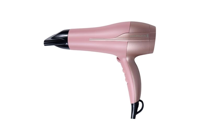 Secadora de cabello Coconut Smooth Remington, vista lateral completa en color rosado con boquilla negra