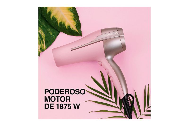 Secadora de cabello Coconut Smooth Remington, dispositivo en color rosado con texto sobre motor de 1875 W y hojas verdes