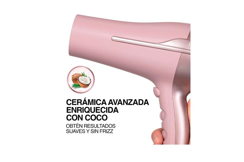 Secadora de cabello Coconut Smooth Remington, detalle del cabezal rosado con texto sobre cerámica enriquecida con coco