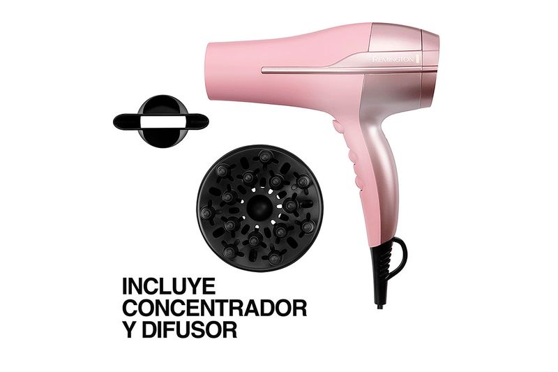 Secadora de cabello Coconut Smooth Remington, equipo color rosado con boquilla concentradora y difusor negro