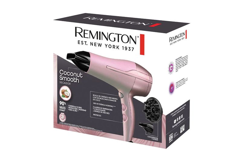 Secadora de cabello Coconut Smooth Remington, vista frontal de la caja blanca con ilustración del equipo rosado