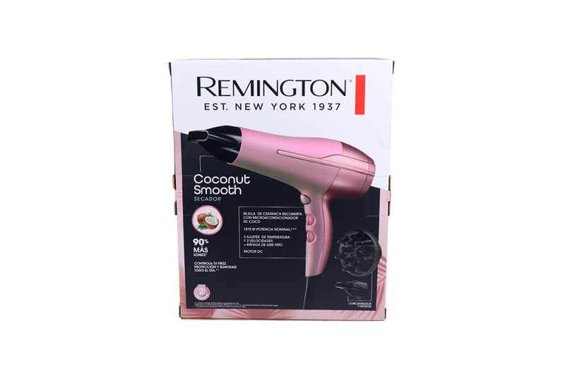 Secadora de cabello Coconut Smooth Remington, empaque frontal blanco y rosa con ilustración del producto