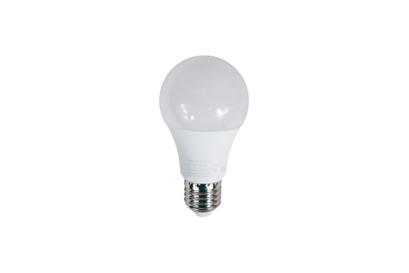 Kit 3 piezas bombillo smart A19 RGB WiFi Tecnolite, vista frontal de un solo bombillo con base metálica y globo blanco
