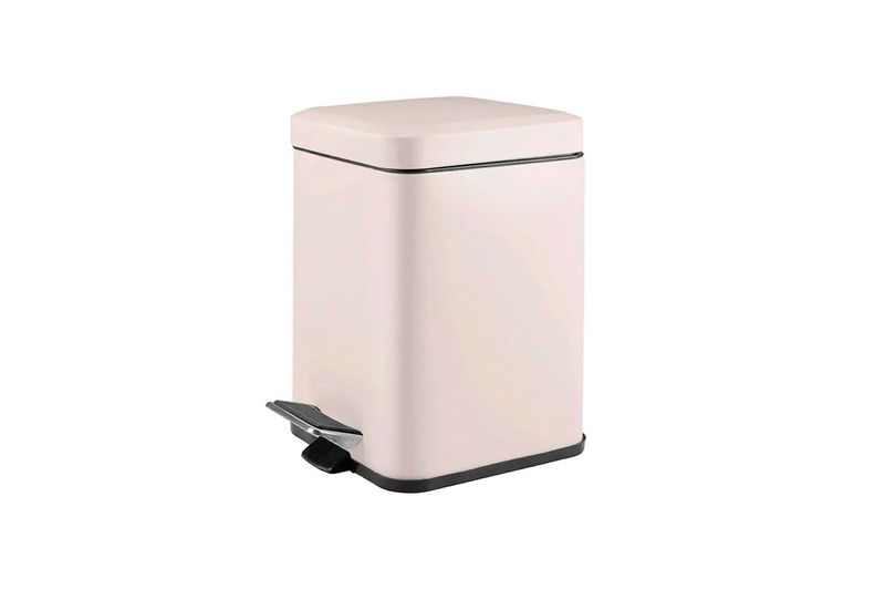 Basurero acero inoxidable rectangular con tapa pedal 12 l beige Trash Crash, vista diagonal frontal con pedal negro
