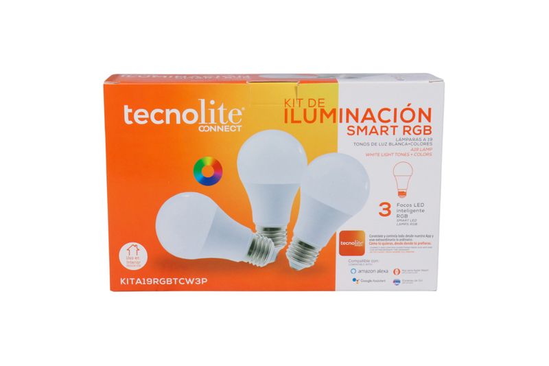 Kit 3 pz bombillo smart A19 RGB WiFi Tecnolite, empaque frontal naranja con imágenes de los bombillos y logos de
