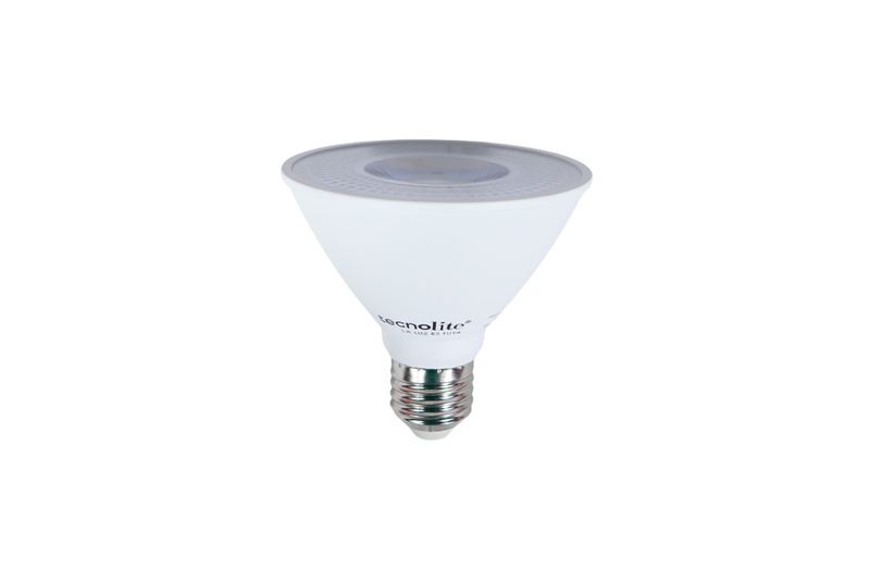 Bombillo PAR30 10 W E27 800 lm 6500 K Tecnolite, vista frontal del foco LED con difusor blanco y base metálica