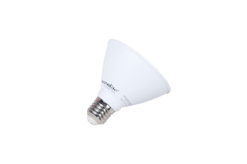 Bombillo PAR30 10 W E27 800 lm 6500 K dimeable Tecnolite, vista lateral del cuerpo blanco y la base metálica roscada