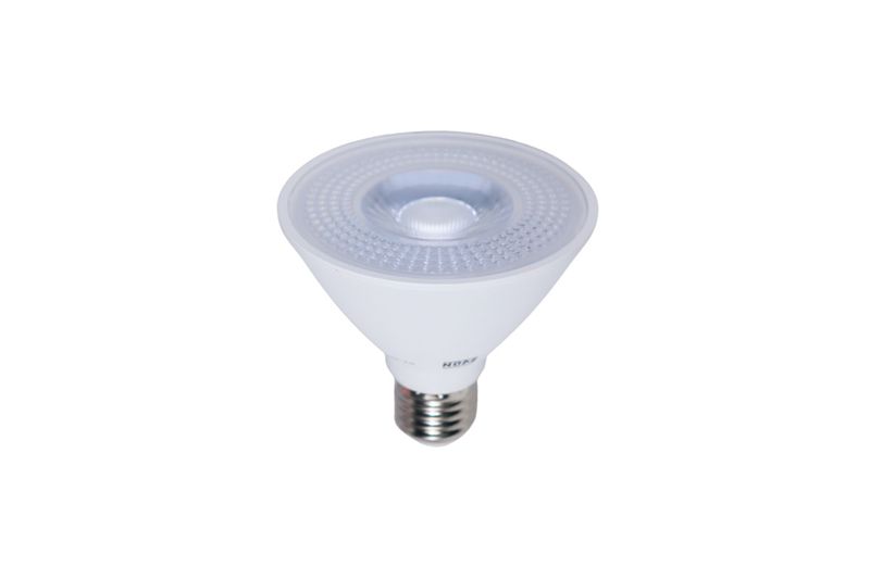 Bombillo PAR30 10 W E27 800 lm 6500 K dimeable Tecnolite, vista frontal del difusor con LEDs y base metálica